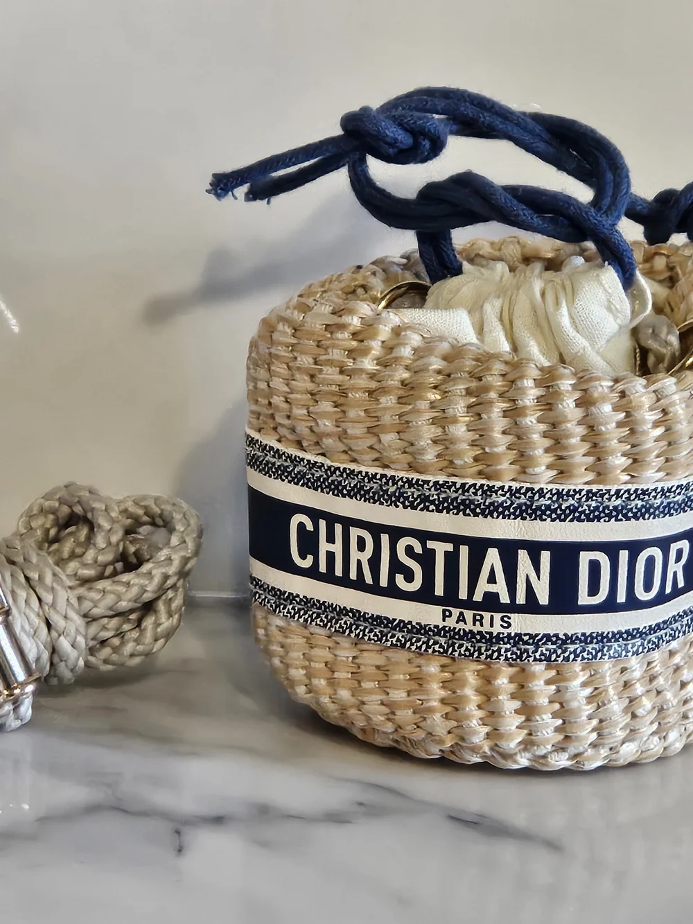 BNIB - Dior Beige Woven Mini Basket Bag with Navy Logo Band - Picture 2 of 2